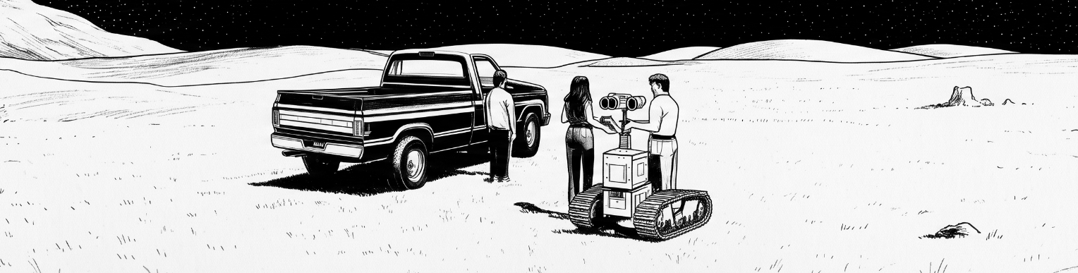 Three people and a pickup truck gathered around a small tracked robot in a wide field at night